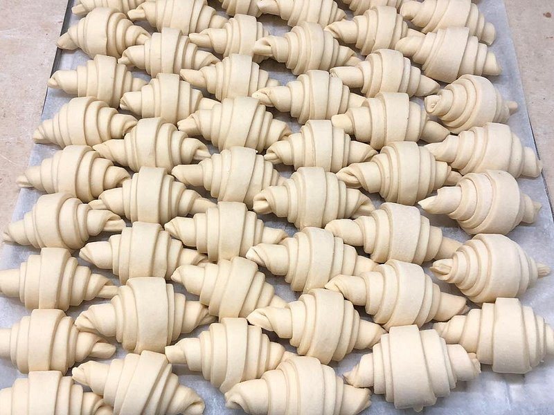 Rows of rolled croissant dough waiting to prove in a bakery